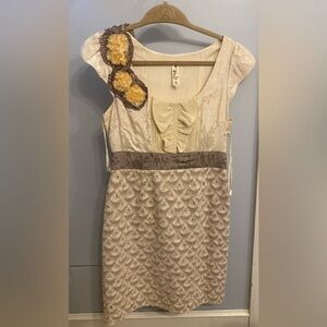 Cream and Brown Floral Dress with Yellow Accents